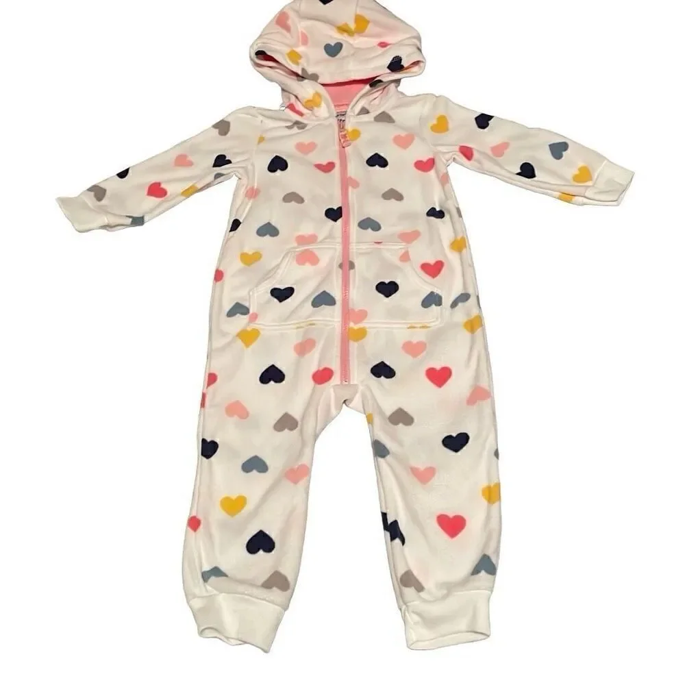 NWOT Carters White Heart Print Footless Long Sleeve Hooded Zip Up Footless Jumpe